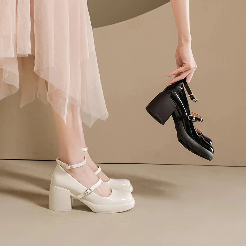 2025年春季新款法式气质玛丽珍单鞋粗高跟圆头小皮鞋女