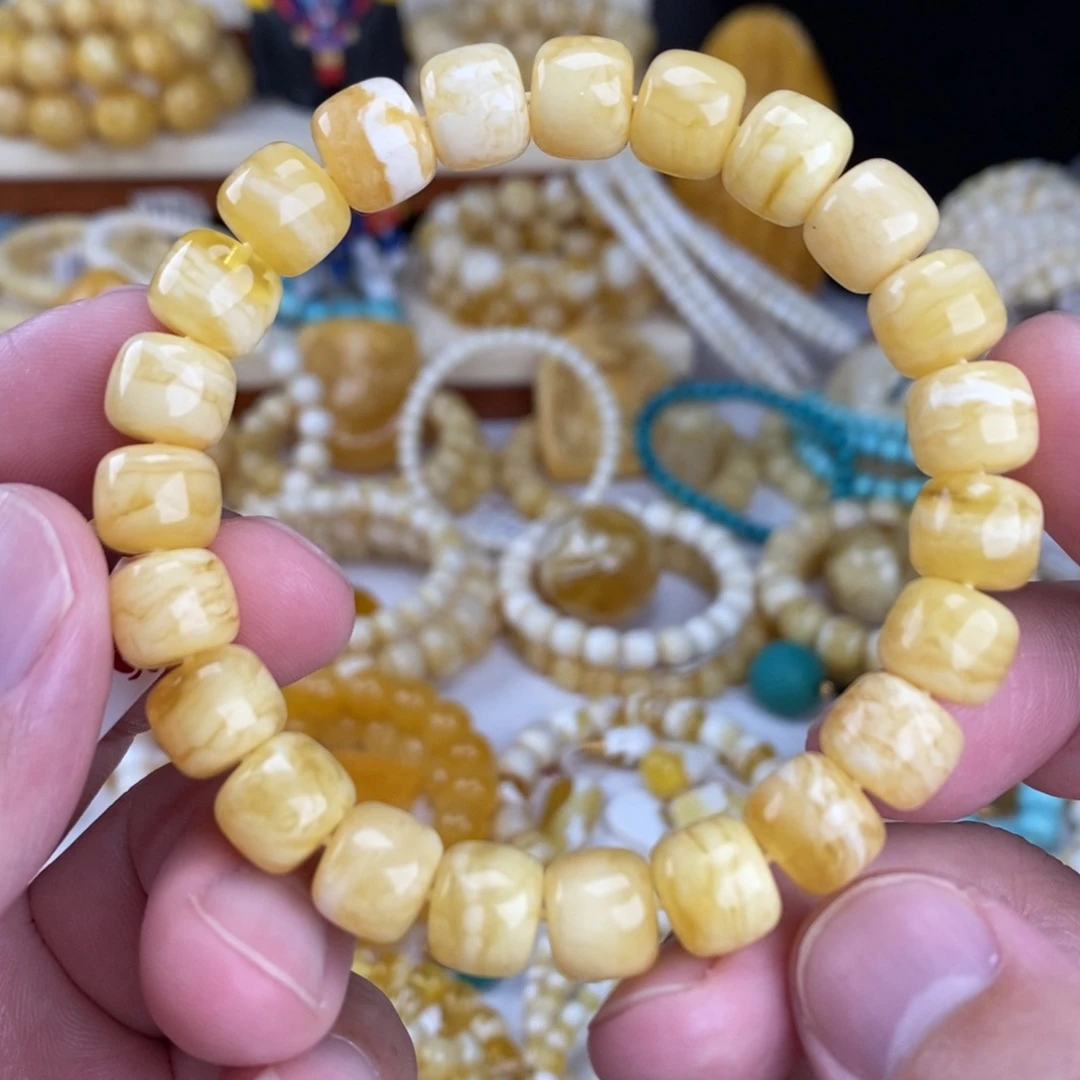 蜜蜡未镶嵌手链瓷白细纹虎皮纹10.3mm