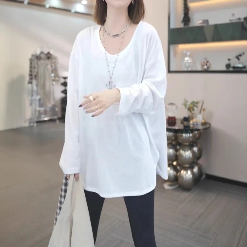 简约纯色V领长袖T恤女秋季新款胖MM大码女装显瘦洋气休闲中长上衣