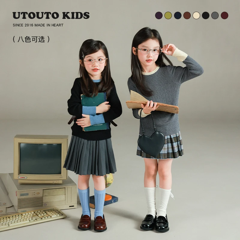 utouto大耳象女童拼色打底毛衣2025秋季新款针织弹力2025207