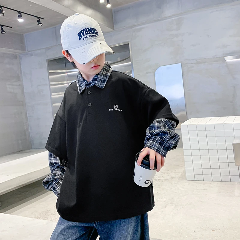 男童黑色格子假两件POLO领卫衣春秋款儿童帅气休闲翻领上衣中大童