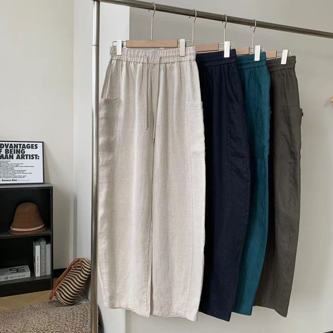 素心轻奢 2025夏季纯亚麻大口袋设计休闲松紧腰宽松百搭裤13341