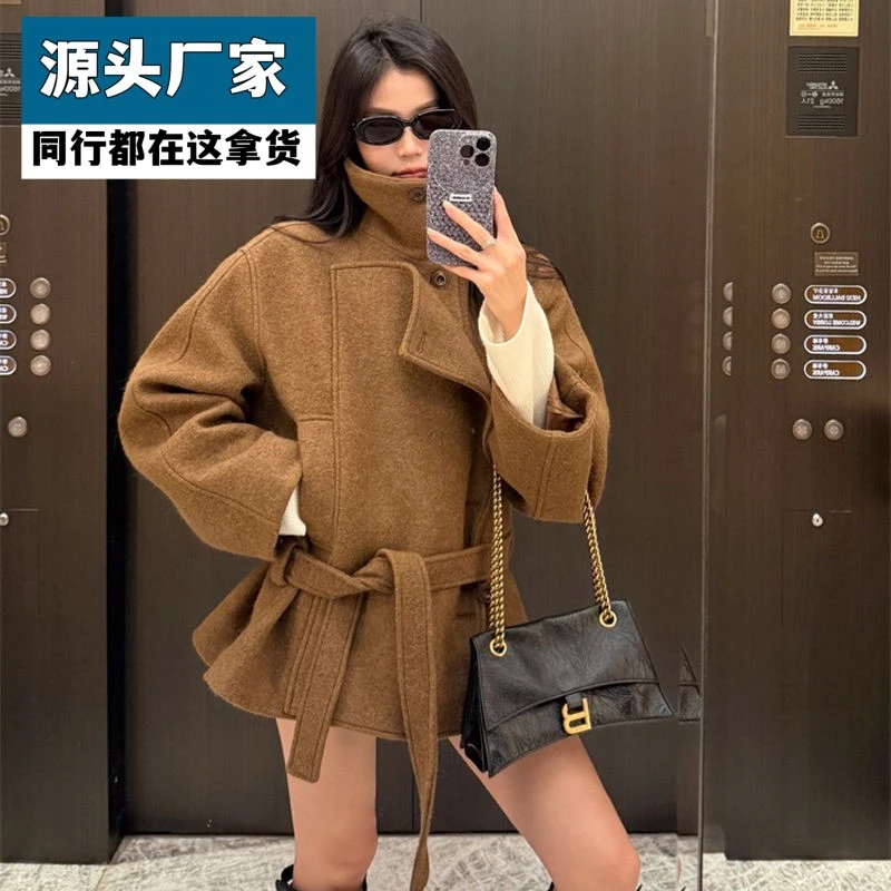 梵乐芬金敏喜同款不对称立领毛呢外套秋冬新款小个子短款系带浴袍