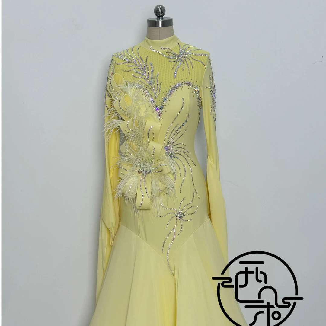 西朵舞服奶黄色立体装饰羽毛线条钻摩登舞比赛服表演服