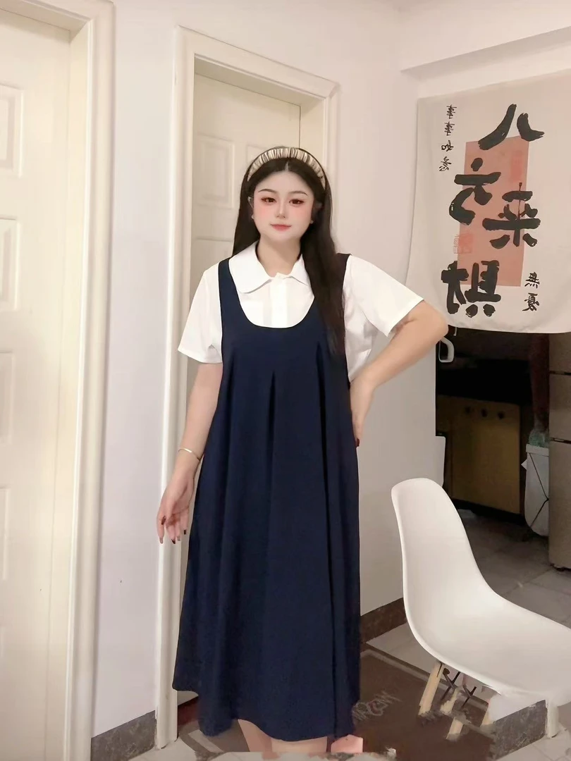 【万万专属】大码微胖学院风白色短袖衬衫背带裙休闲百搭两件套1956