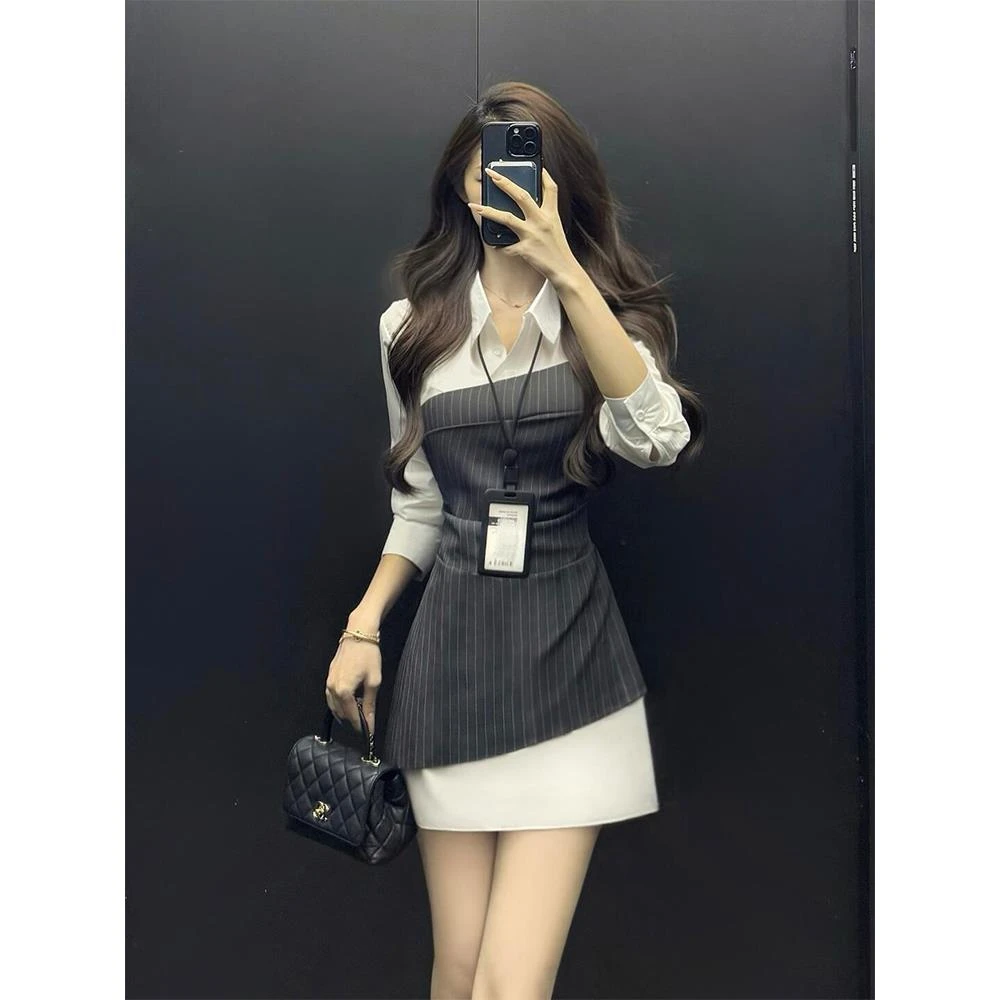 2025春季法式小个子大方得体高级感气质收腰灰色假两件衬衫连衣裙