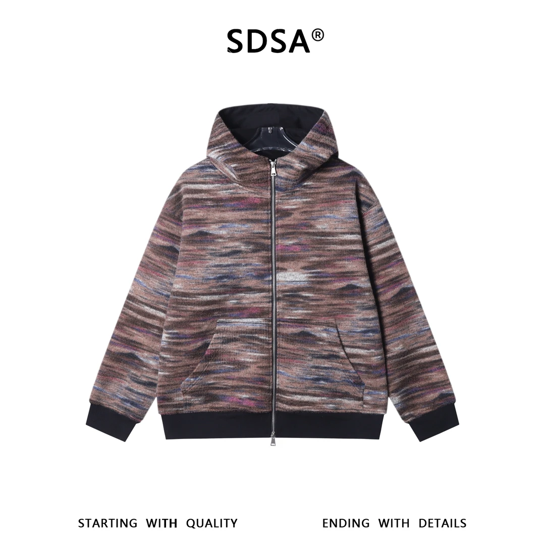 SDSA男士秋冬新款痞帅男装时尚扎染晕染拉链立领连帽卫衣开衫百搭
