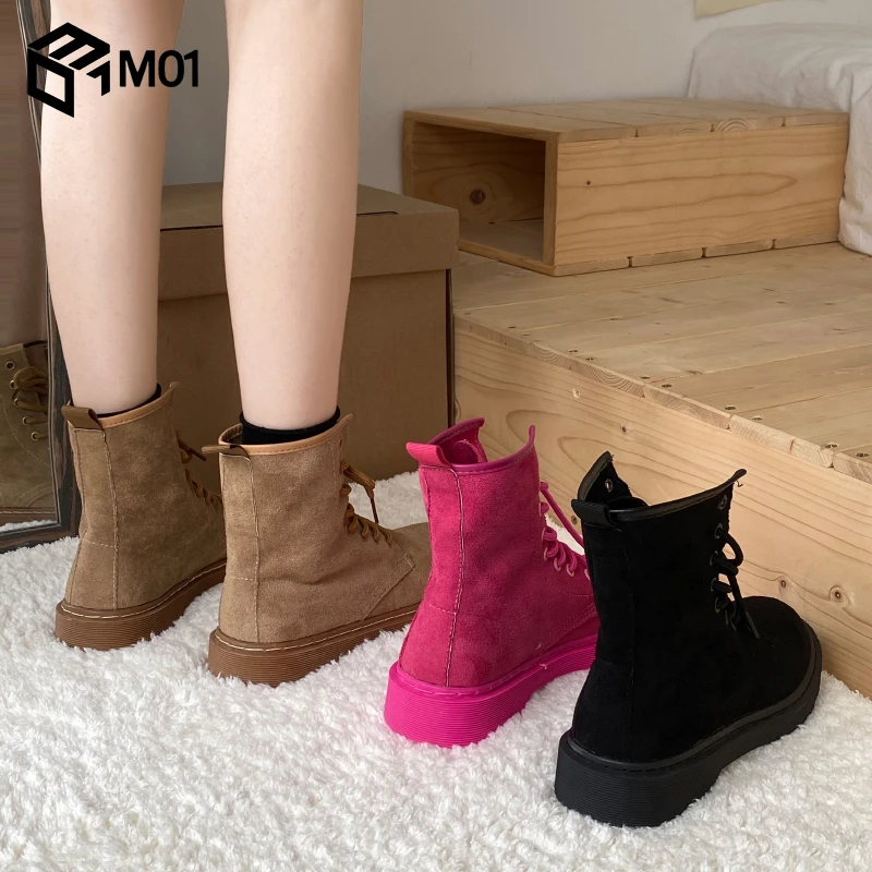 M01帆布卡其色马丁靴女英伦风百搭短靴春秋新款棕色磨砂皮单靴
