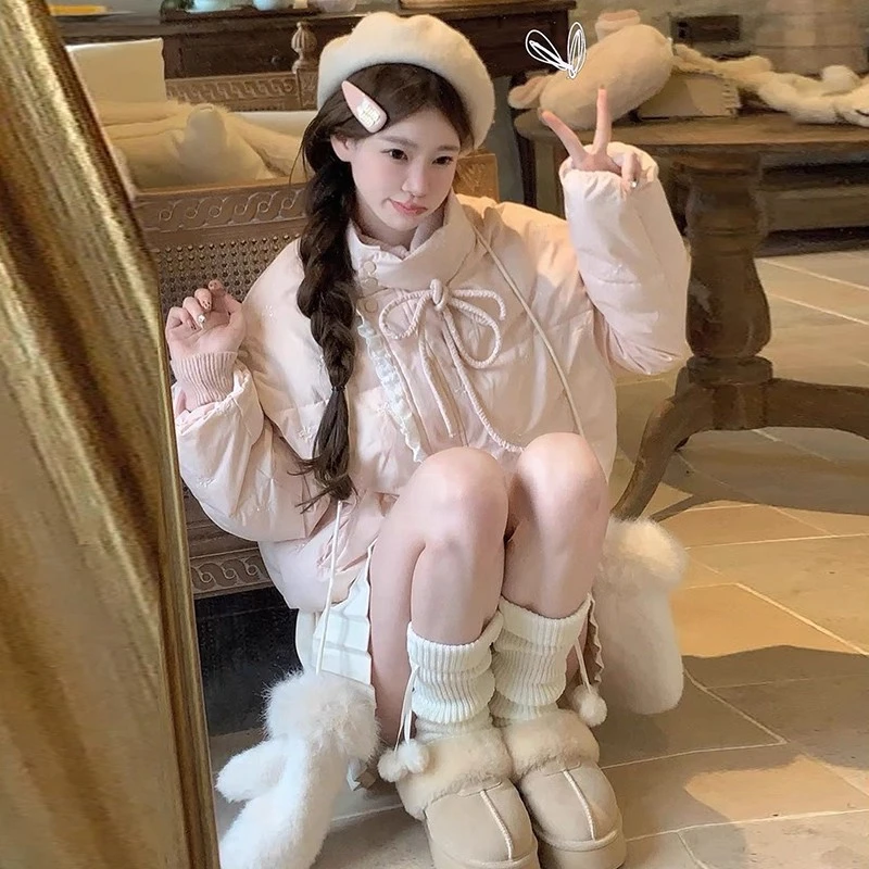 学院风浅粉色小个子棉服外套女冬季新款面包服短款宽松百搭棉衣女