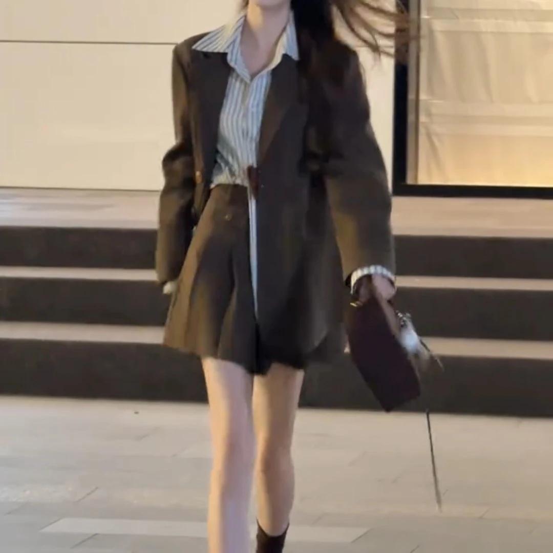 276超火穿搭一整套韩风chic复古休闲西装外套百褶短裙两件套秋季