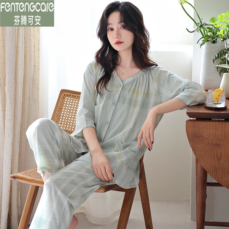 芬腾可安薄款睡衣女士纯棉夏季舒适宽松七分袖气质V领家居服套装