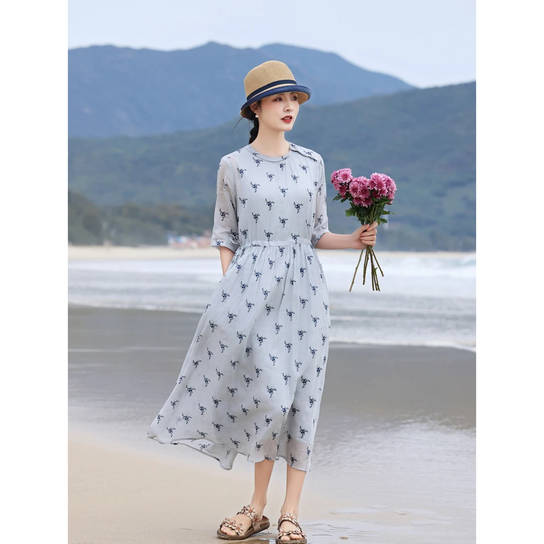 【润仟·林间麻裳】新款原创设计苎麻宽松大码飘逸大摆印花连衣裙