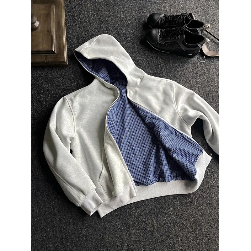 miu系双面穿皇家蓝格纹拉链卫衣男早秋长袖上衣cleanfit开衫外套