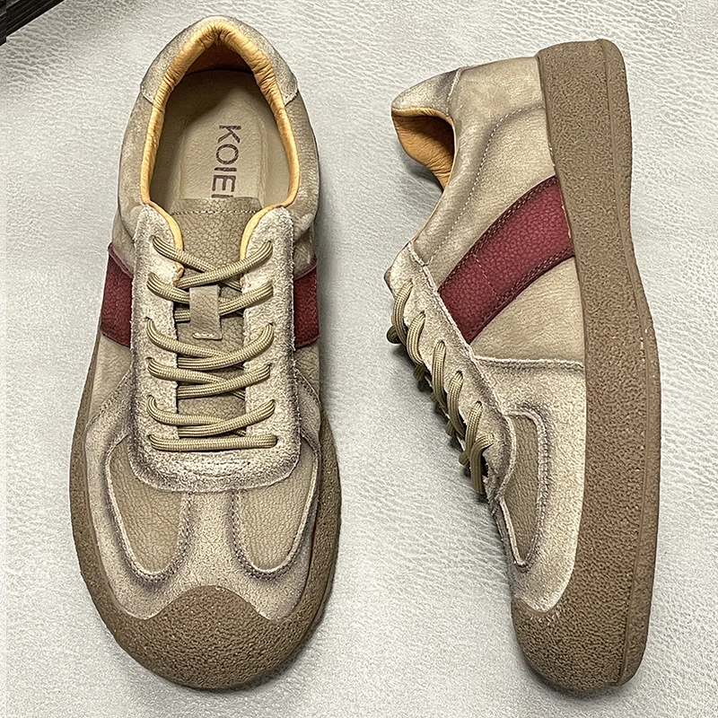 复古真皮男鞋2025夏季新款拼色休闲板鞋男头层牛皮软底透气德训鞋