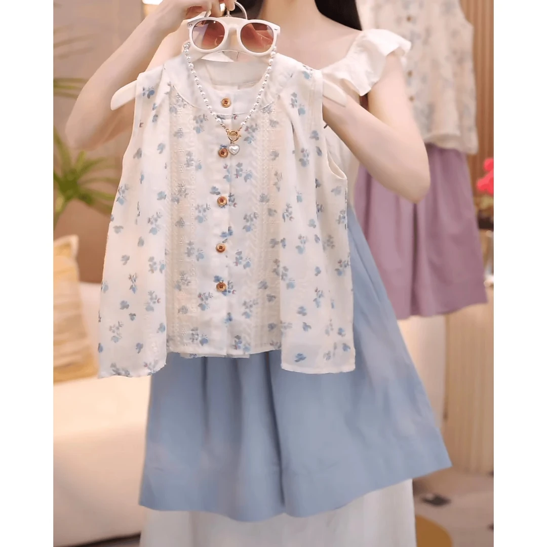 女童夏季套装2024新款碎花无袖衬衫背心韩系宽松九分阔腿裤两件套
