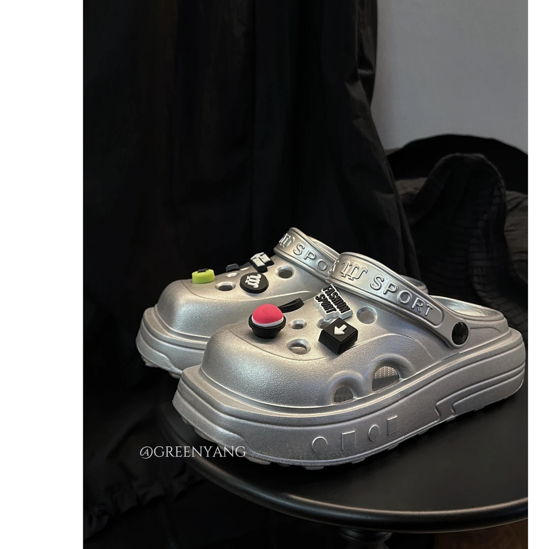 老羊家~小众设计感DIY洞洞鞋沙滩包头半拖鞋厚底松糕小个子女鞋