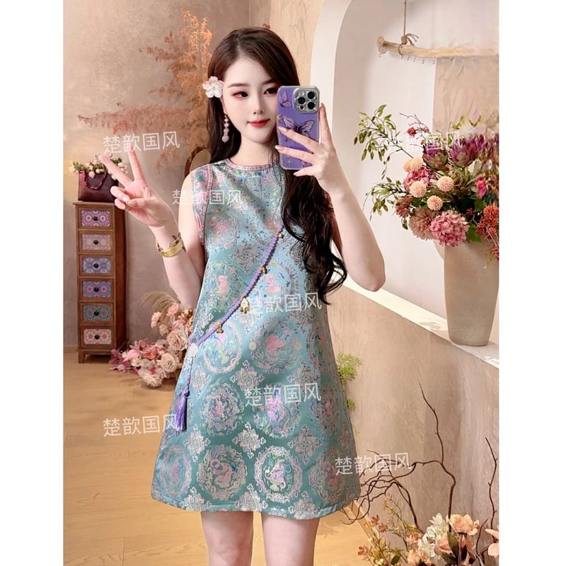 【生肖锦绣】2025新款夏季气质新中式国风裙子圆领提花女装无袖长裙