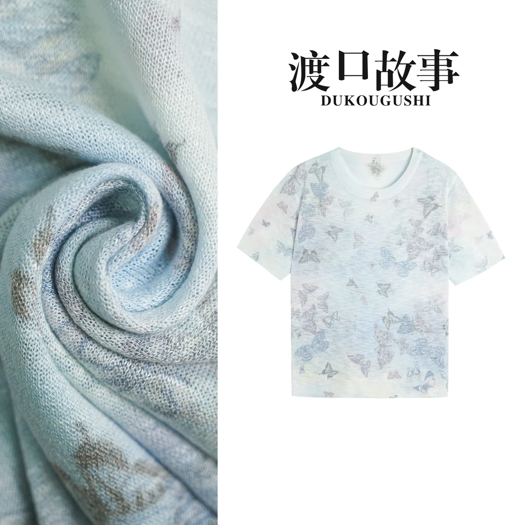 【渡口故事】彩色蝴蝶圆领透气夏季扎染针织衫短袖百搭显瘦上衣K22