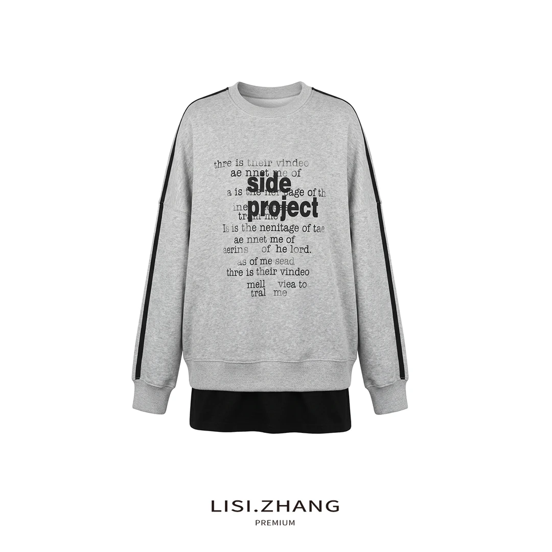 LISI.ZHANG--【撞色拼接卫衣】圆领字母印花下摆拼接宽松加厚卫衣