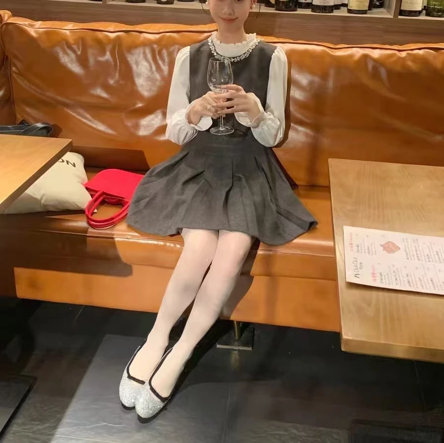 【苏苏精选】S967法式气质钉钻百褶背心连衣裙木耳边长袖衬衫套装