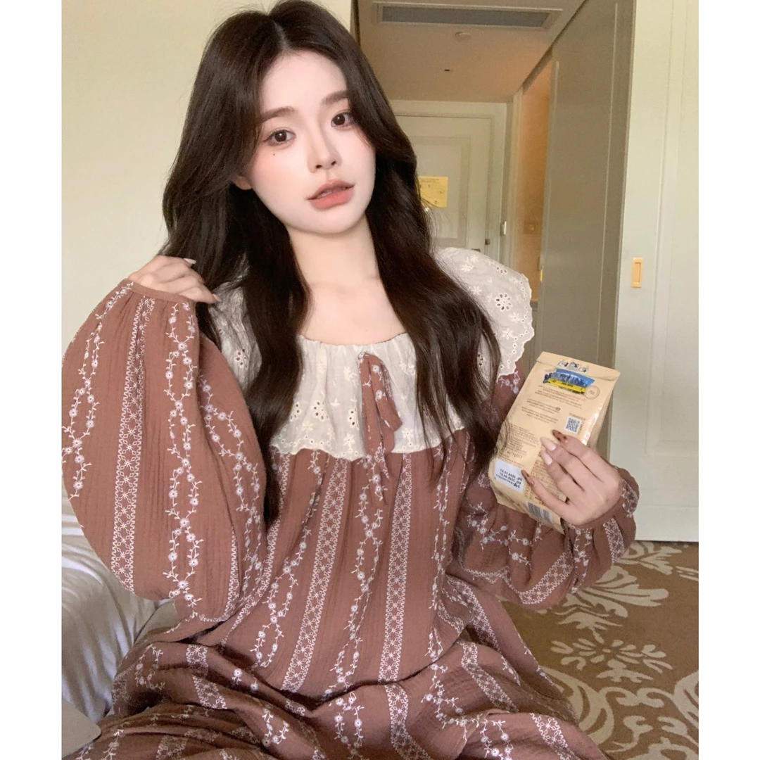 复古碎花甜美花边领双层纱睡衣女款春秋季长袖长裤纯棉家居服套装