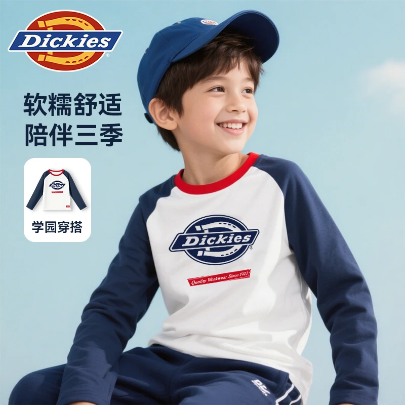 Dickies童装男童秋季插肩袖t恤儿童时尚休闲秋装上衣男孩纯棉长袖
