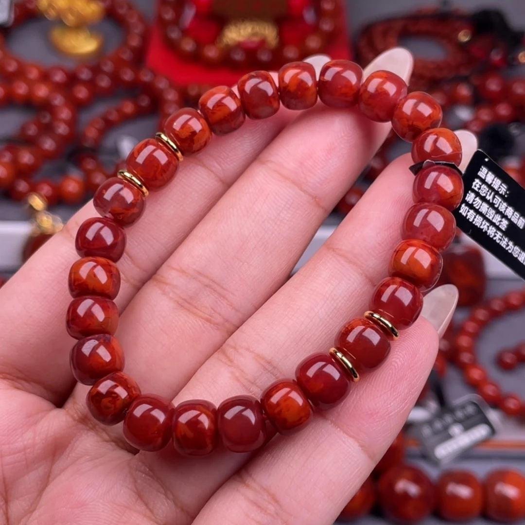 南红玛瑙未镶嵌其他原矿）收藏级7.7mm瓦西牛血红妖火焰老型手串