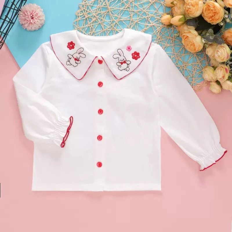 日系长袖儿童女宝卡通刺绣打底衬衣开衫衬衫