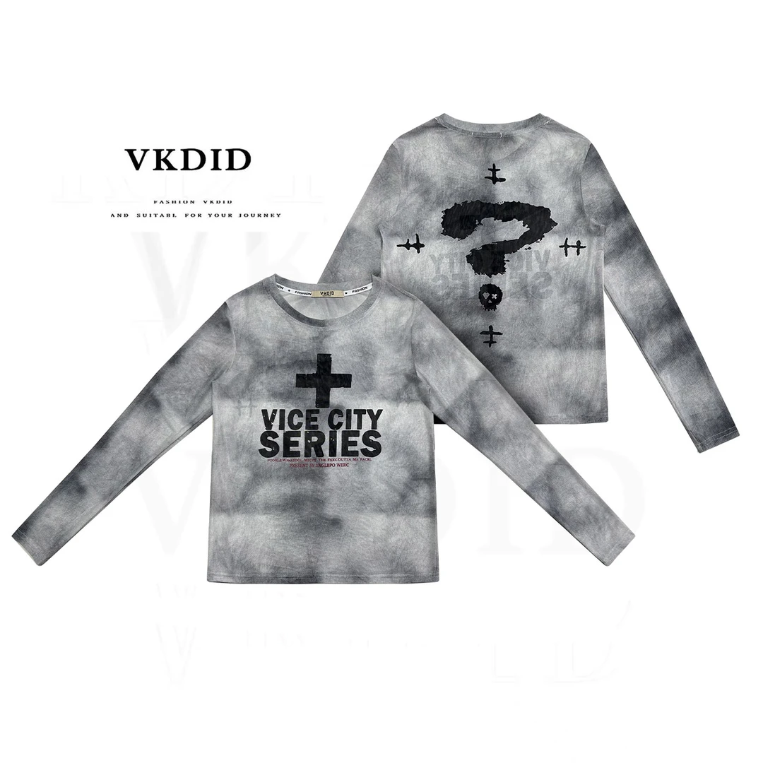 VKDID【新款】美式潮牌原创防晒网纱复古做旧泥染十字架套头T恤长袖