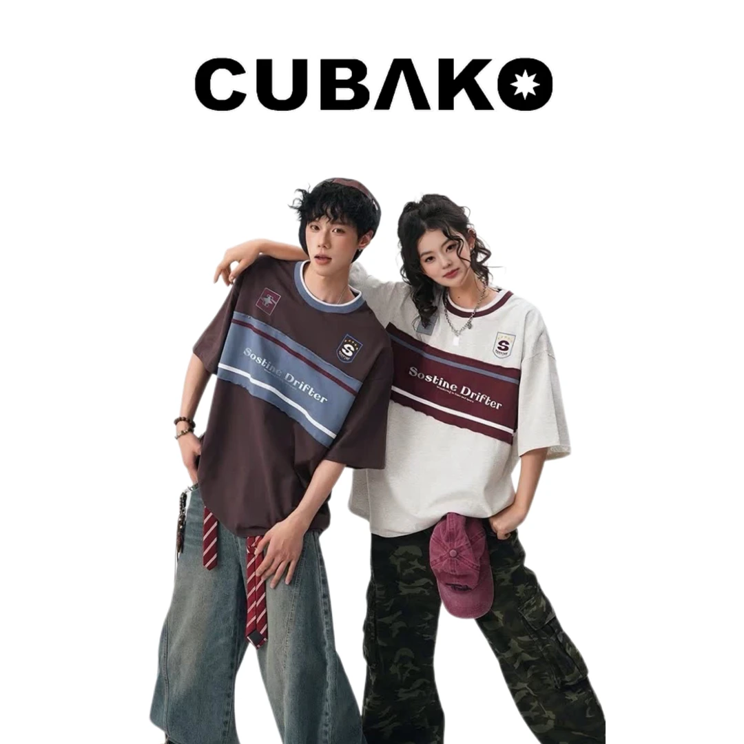 美式学院风撞色拼接刺绣短袖T恤情侣夏季百搭宽松半袖tee五分袖