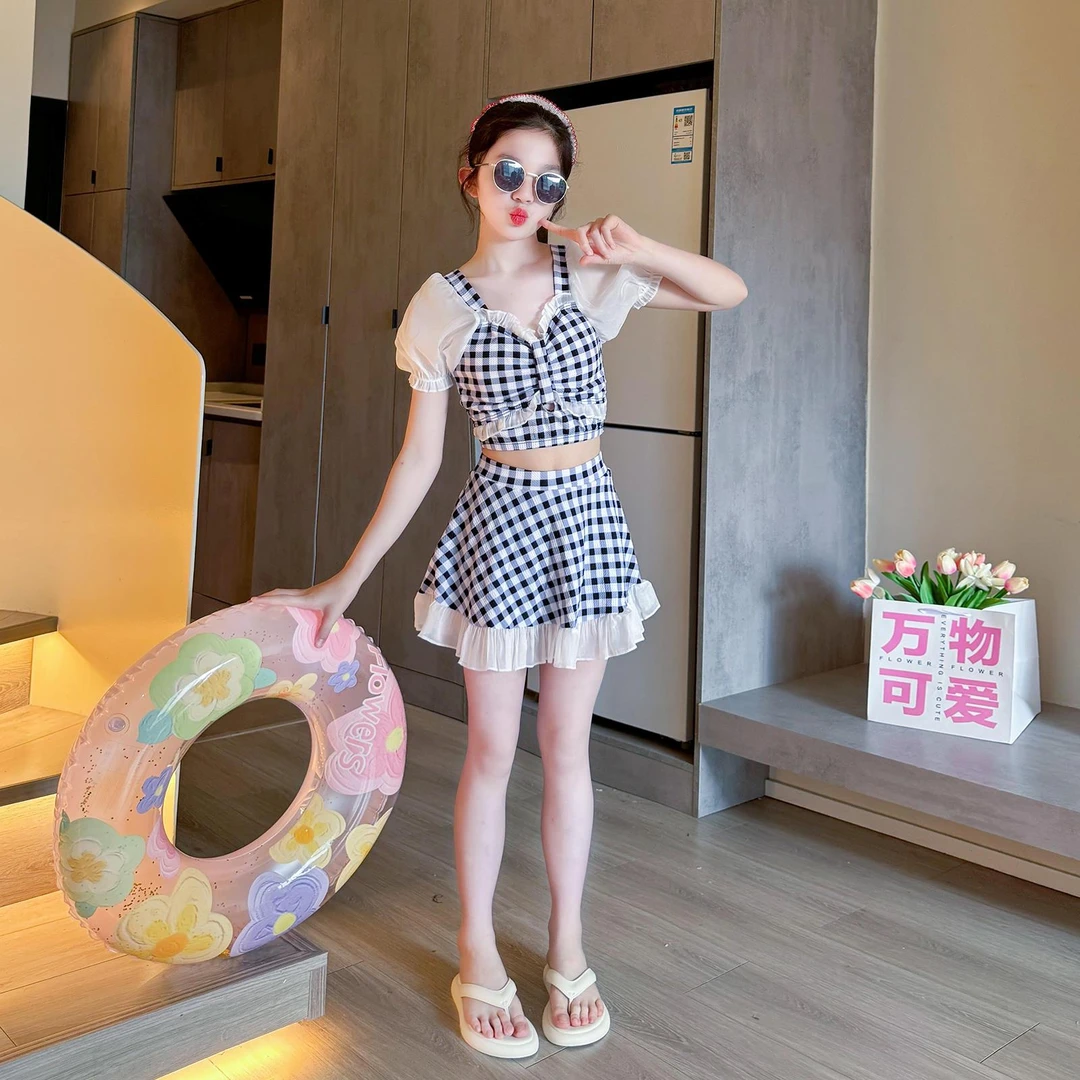 女童2025新款泳衣夏季中大儿童格子游泳衣套装公主风女孩泳装洋气