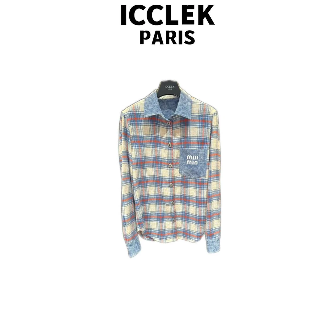 ICCLEK 格纹翻领衬衫韩系长袖防晒气质宽松通勤上衣  -9077