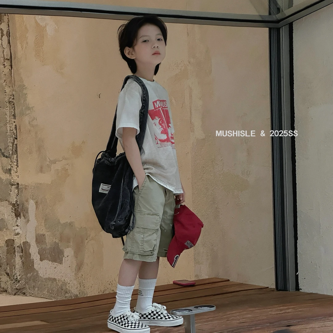 【MUSHISLE】阿又夏季童装儿童男童中大童美式做旧纯棉短袖85125X
