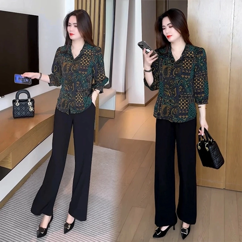 春夏新款印花衬衫时尚妈妈装气质显瘦七分袖上衣碎花长袖洋气休闲