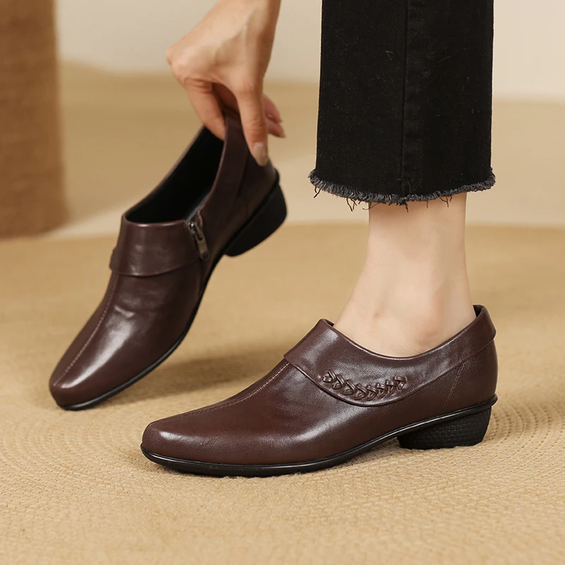 轩玥情女鞋3.5cm粗跟通勤圆头小皮鞋侧拉链牛皮软底中跟深口单鞋