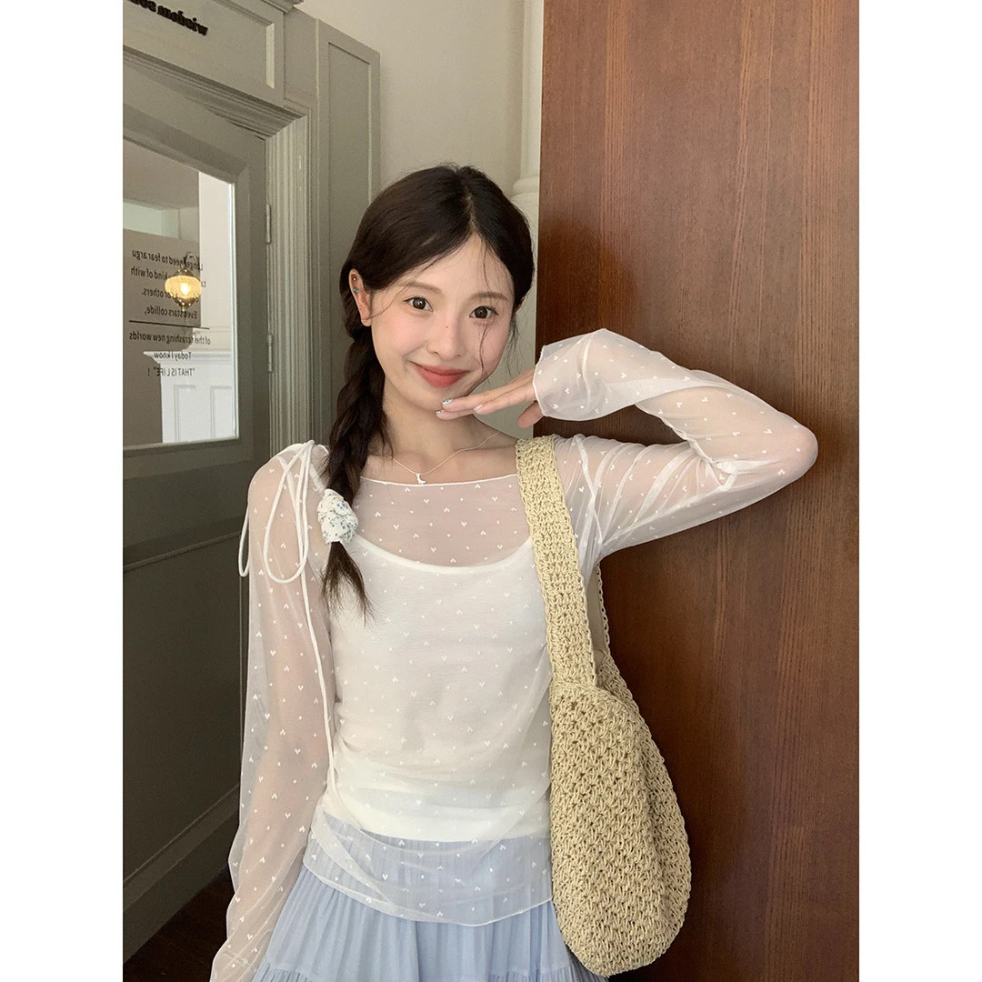 设计高级吊带波点罩衫两件套2025夏季新款韩系时髦减龄长袖上衣女