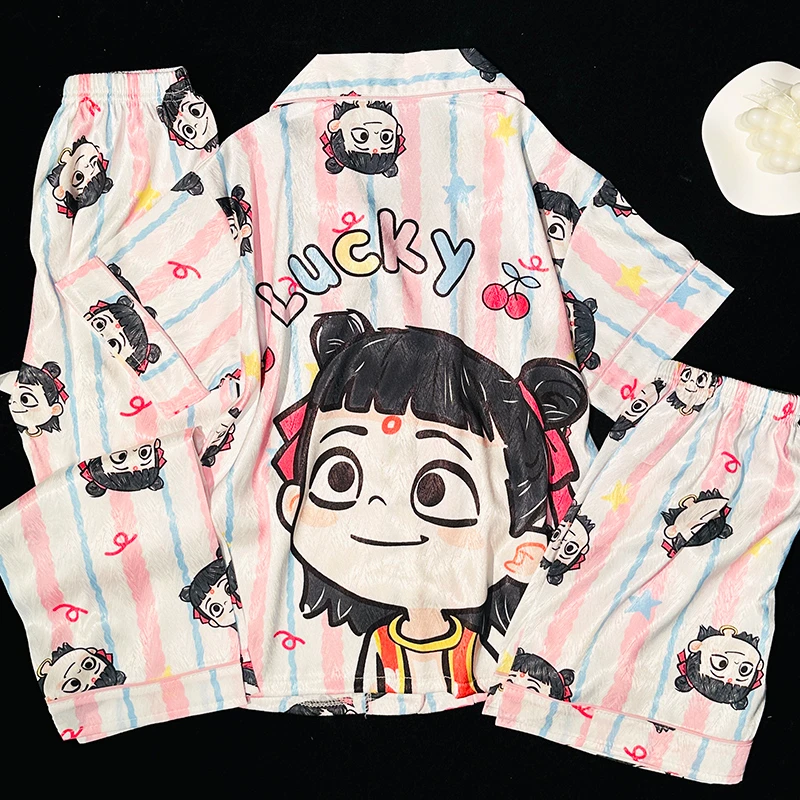 儿童睡衣2025新款夏季薄款冰丝女童三件套哪吒女孩大童夏天家居服