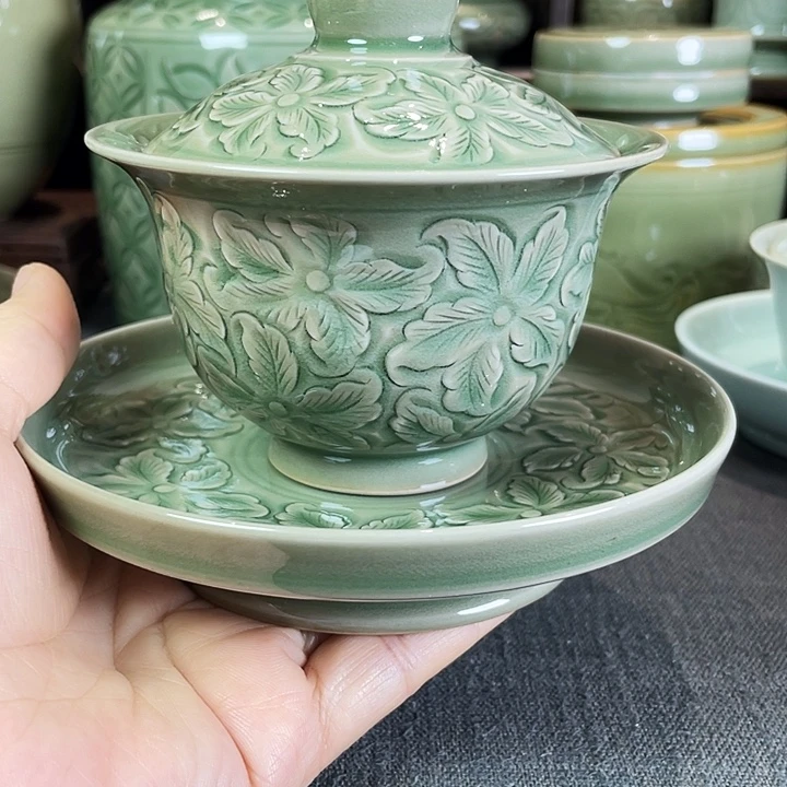 耀州窑孟红娟老师繁华三才盖碗瑕