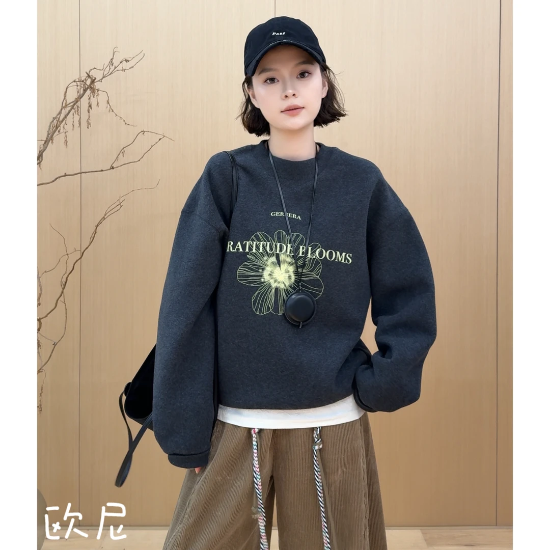 欧尼私服 2025秋季新款素描花朵慵懒风卫衣圆领休闲上衣2509C5983