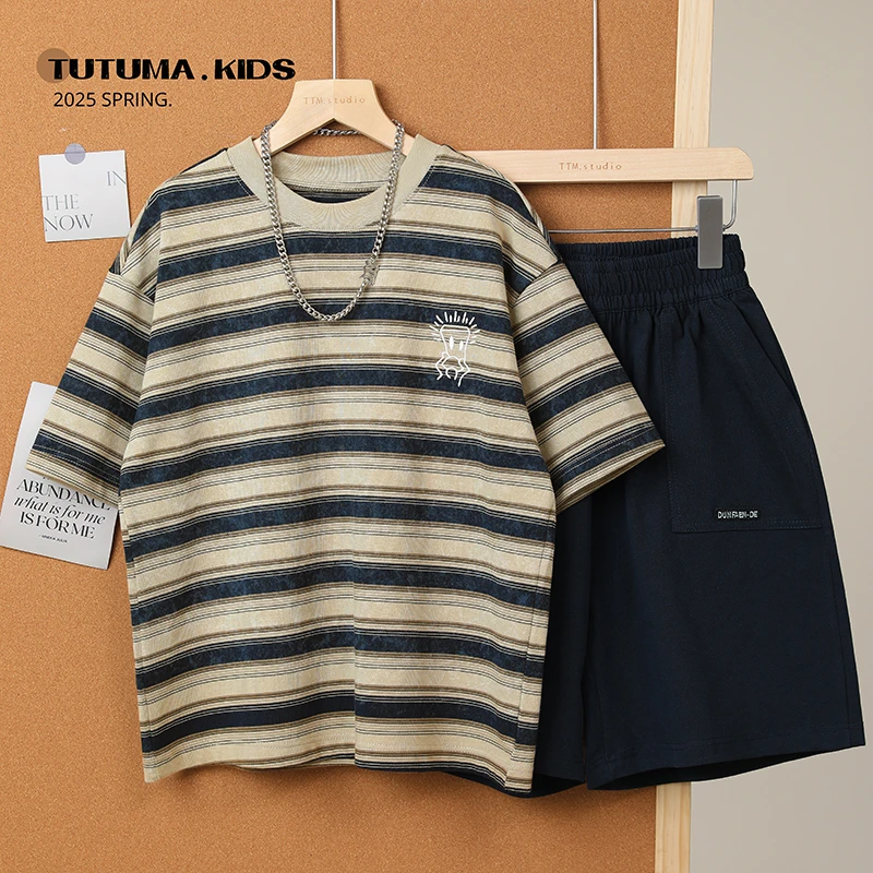 图图妈成套搭配 美式复古男女童条纹T恤短裤套装中大童两件套潮