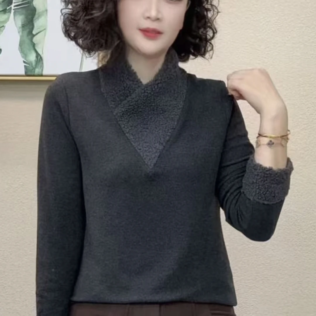 2025冬季新款洋气百搭显瘦纯色双面绒长袖女小衫T恤打底衫上衣695