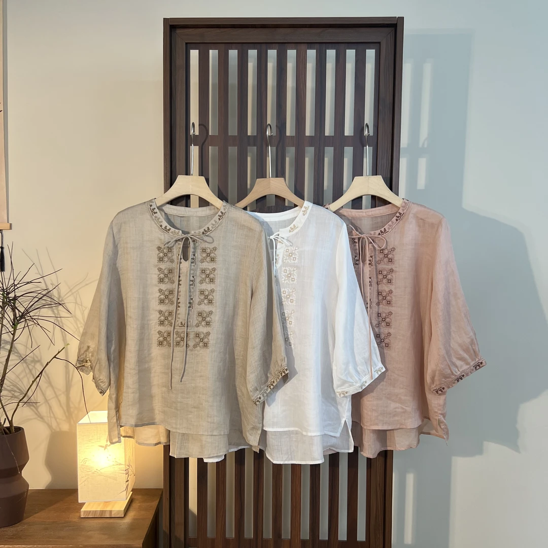 【麦序】衫云家百分百苎麻刺绣系带衬衫 休闲中式民族宽松夏季