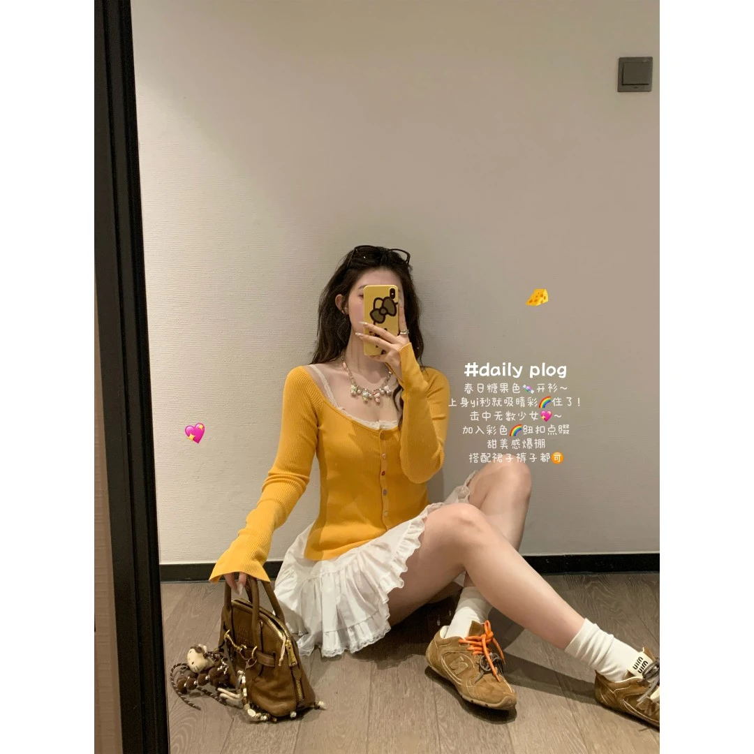 小沈美眉 糖果少女 2025早春新款露肩长袖针织衫性感显瘦上衣女