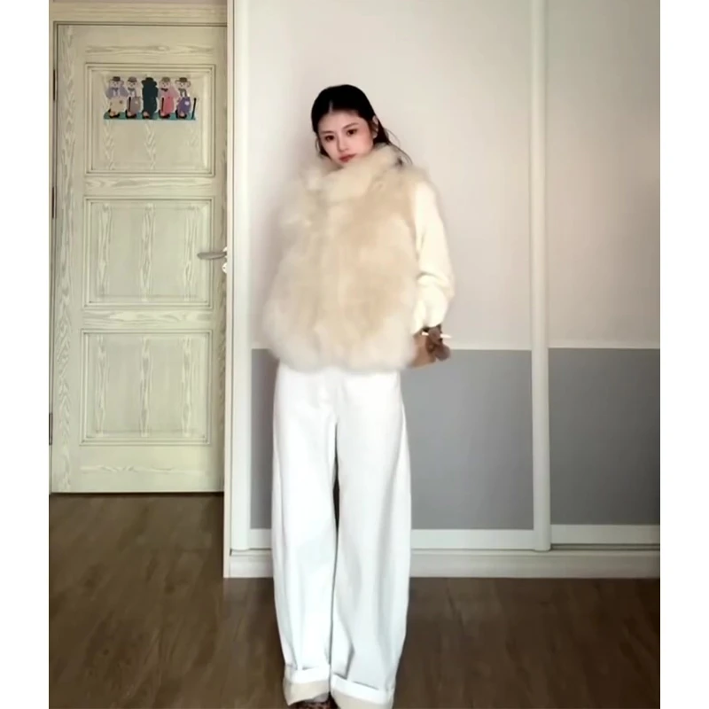 2025秋冬新款法式气质毛毛保暖马甲背心内搭上衣高腰显瘦阔腿长裤