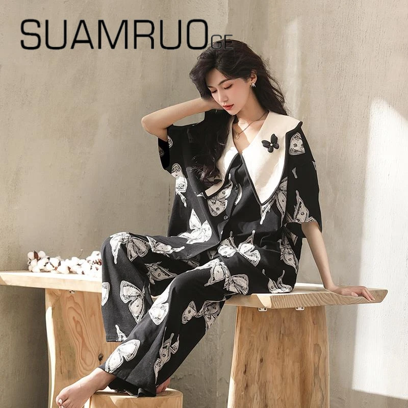 SUAM RUO夏季睡衣女士爽棉短袖长裤套装家居服时尚休闲宽松可外穿