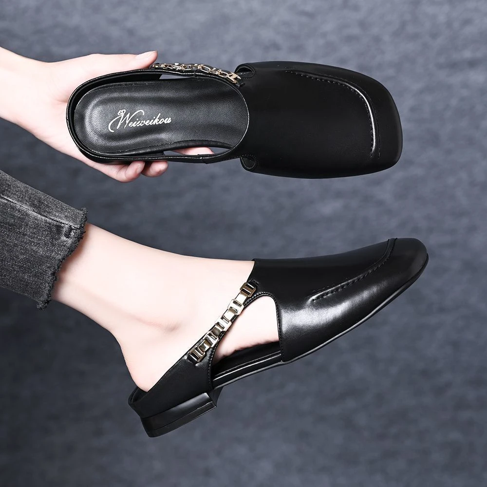 软皮包头拖鞋女夏外穿女款2025新款夏季镂空半拖女鞋平底穆勒拖女