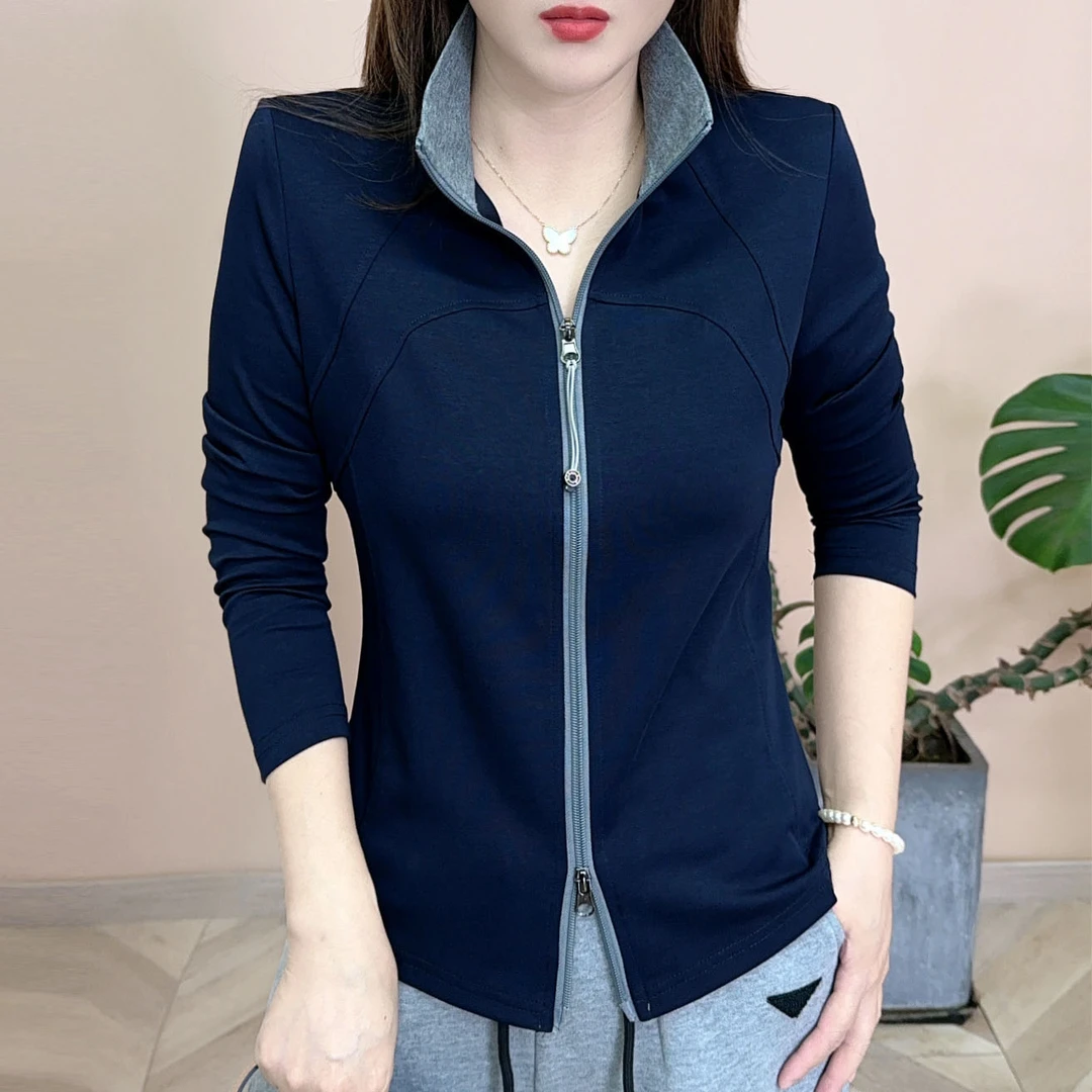 2025早秋新品时尚百搭修身显瘦洋气双拉链设计感女士长袖上衣8138