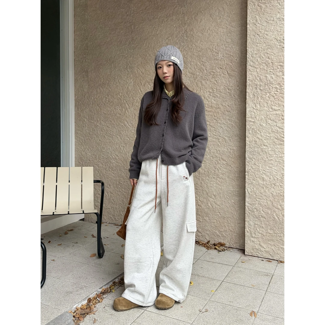 加厚宝宝绒刺绣休闲卫裤抽绳束脚宽松运动裤女冬款