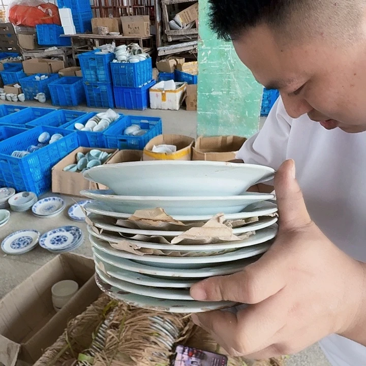 景德镇高温陶瓷7寸水点桃花暗刻纹吐骨碟10个