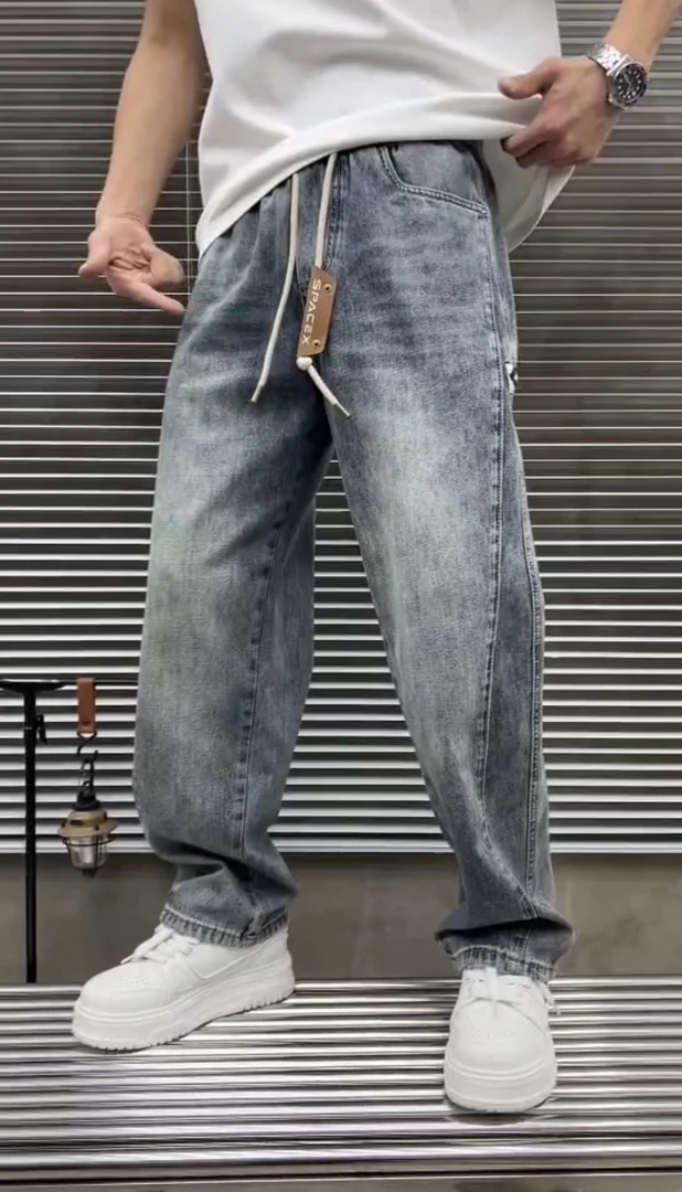 夏季男士潮牌牛仔裤休闲时尚百搭直筒阔腿裤6612